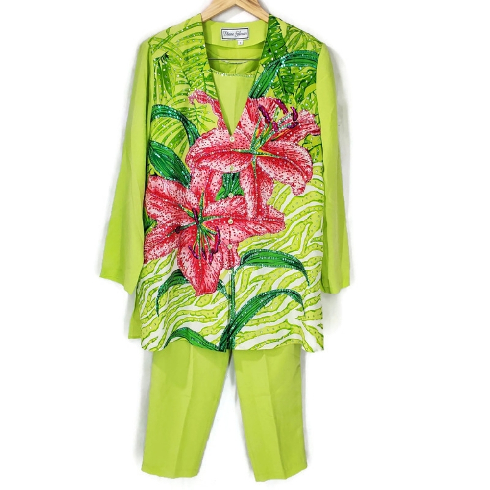 Diane Gillman Vintage 100% Silk Tiger Lily 3 Piece Sequins Pants Suit Blouse Art